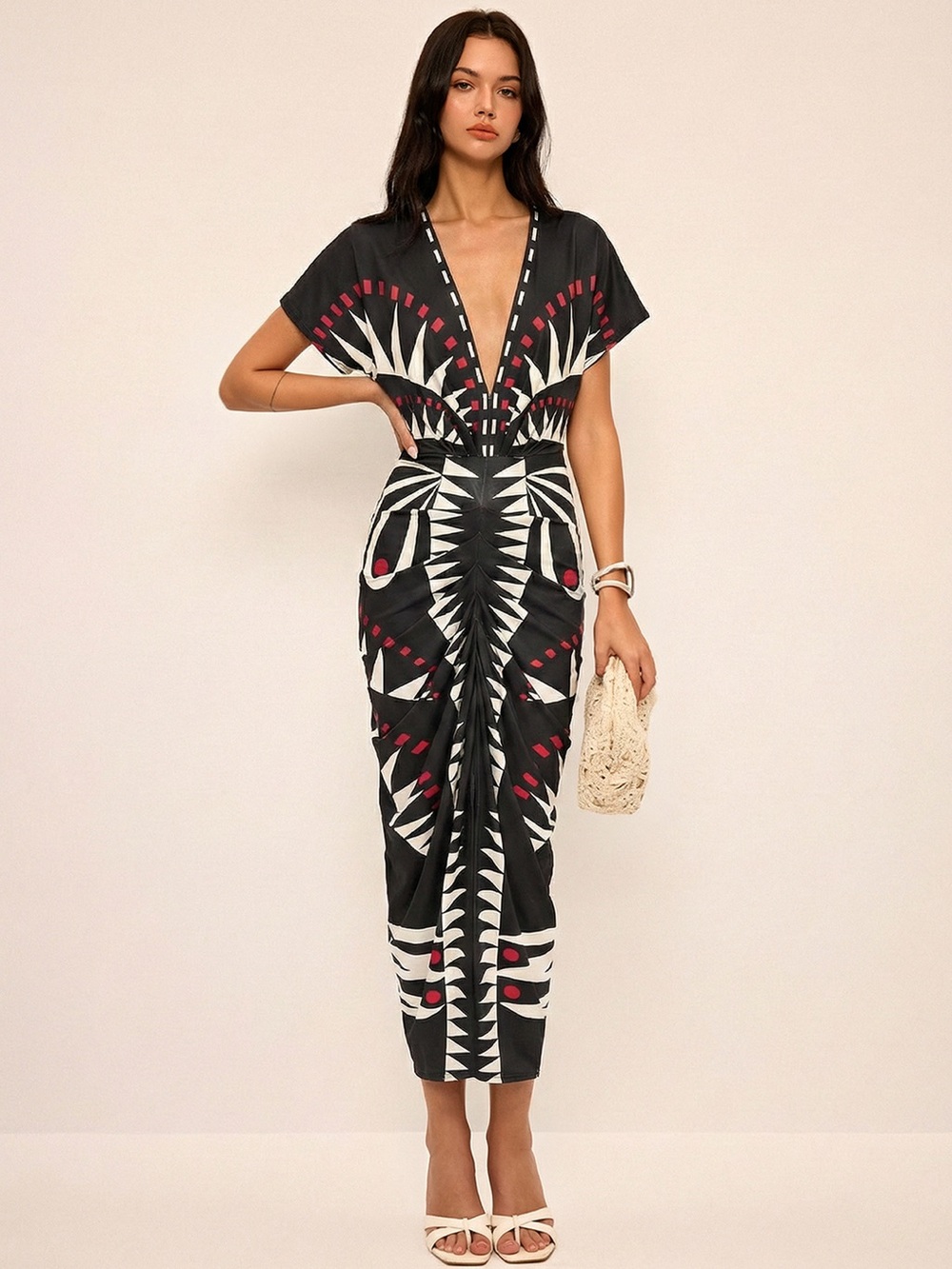 Commense Geometric Print V Midi Dress